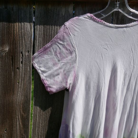 Sakkas Tunic Top One Size Boho Short Sleeve Palm Trees Crochet Trim Pink Blush - Picture 8 of 9